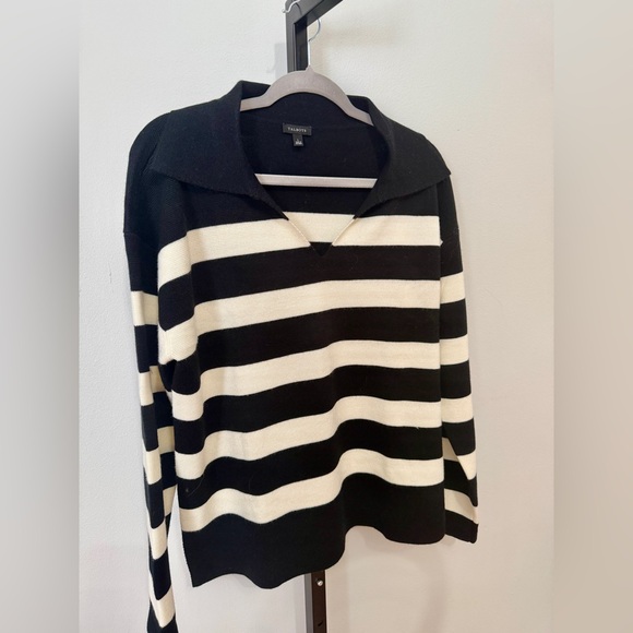 Talbots V-Neck Collared Sweater in Black and Cream Stripes - Picture 2 of 8